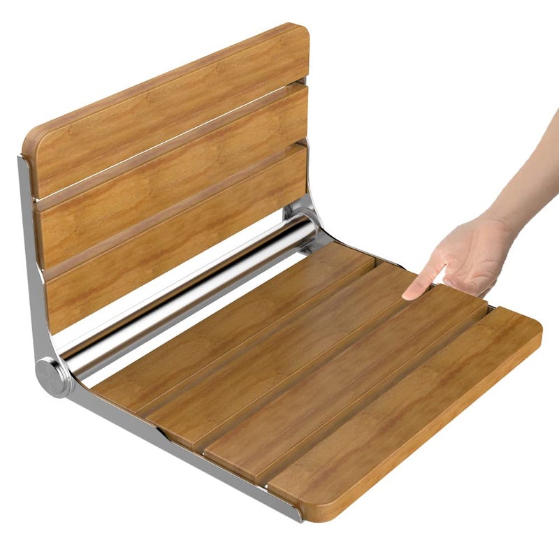 Heuffe Folding Shower Seat Wall Mounted,Fold Up Shower Stool,Shower Chair Foldable,Fold Down Shower Seat for Elderly Disabled ï¼ˆWoodenï¼‰
